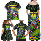 Merry Christmas Eels Family Matching Off Shoulder Maxi Dress and Hawaiian Shirt Aboriginal Santa Rugby Mascot - Parramatta