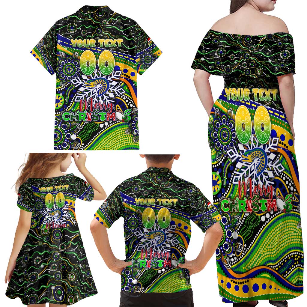 Merry Christmas Eels Family Matching Off Shoulder Maxi Dress and Hawaiian Shirt Aboriginal Santa Rugby Mascot - Parramatta