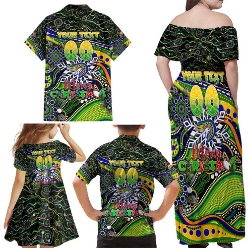 Merry Christmas Eels Family Matching Off Shoulder Maxi Dress and Hawaiian Shirt Aboriginal Santa Rugby Mascot - Parramatta