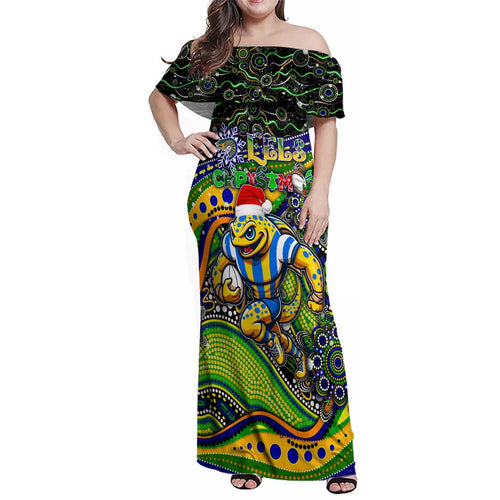 Merry Christmas Eels Family Matching Off Shoulder Maxi Dress and Hawaiian Shirt Aboriginal Santa Rugby Mascot - Parramatta