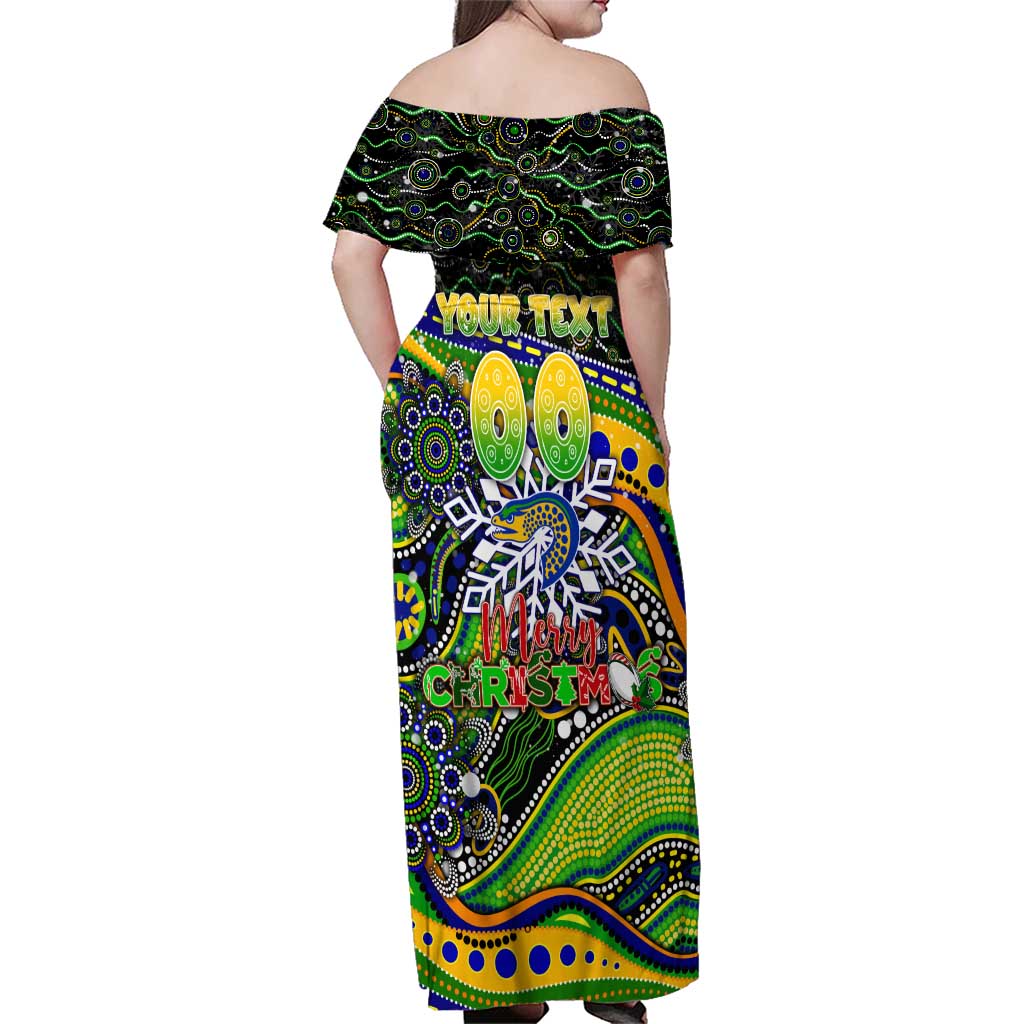 Merry Christmas Eels Family Matching Off Shoulder Maxi Dress and Hawaiian Shirt Aboriginal Santa Rugby Mascot - Parramatta