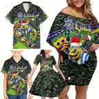 Merry Christmas Eels Family Matching Off Shoulder Short Dress and Hawaiian Shirt Aboriginal Santa Rugby Mascot - Parramatta