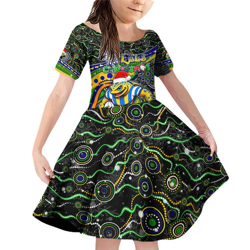 Merry Christmas Eels Family Matching Off Shoulder Short Dress and Hawaiian Shirt Aboriginal Santa Rugby Mascot - Parramatta