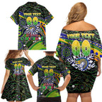 Merry Christmas Eels Family Matching Off Shoulder Short Dress and Hawaiian Shirt Aboriginal Santa Rugby Mascot - Parramatta