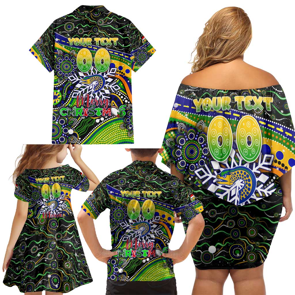 Merry Christmas Eels Family Matching Off Shoulder Short Dress and Hawaiian Shirt Aboriginal Santa Rugby Mascot - Parramatta