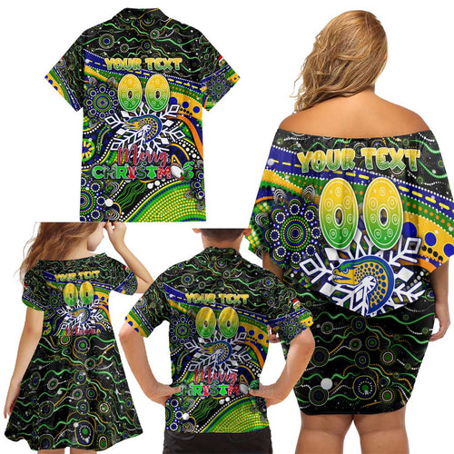 Merry Christmas Eels Family Matching Off Shoulder Short Dress and Hawaiian Shirt Aboriginal Santa Rugby Mascot - Parramatta
