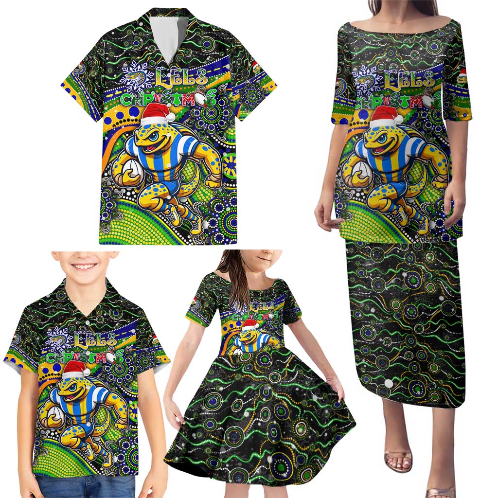 Merry Christmas Eels Family Matching Puletasi and Hawaiian Shirt Aboriginal Santa Rugby Mascot - Parramatta