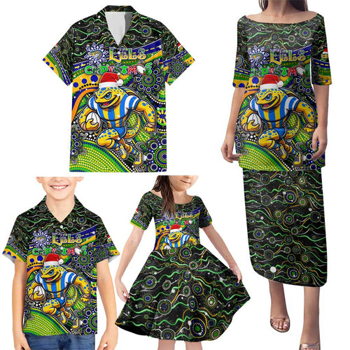 Merry Christmas Eels Family Matching Puletasi and Hawaiian Shirt Aboriginal Santa Rugby Mascot - Parramatta