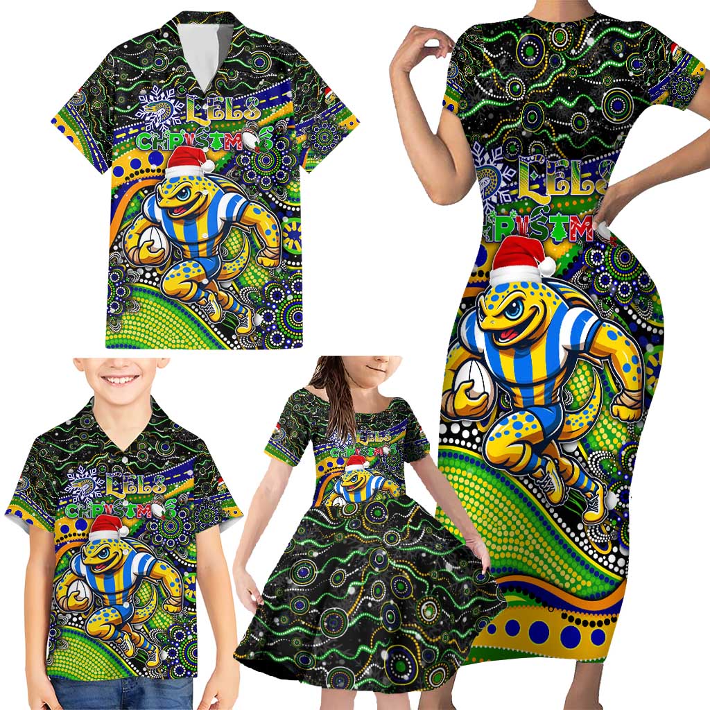 Merry Christmas Eels Family Matching Short Sleeve Bodycon Dress and Hawaiian Shirt Aboriginal Santa Rugby Mascot - Parramatta