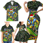 Merry Christmas Eels Family Matching Short Sleeve Bodycon Dress and Hawaiian Shirt Aboriginal Santa Rugby Mascot - Parramatta