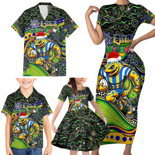 Merry Christmas Eels Family Matching Short Sleeve Bodycon Dress and Hawaiian Shirt Aboriginal Santa Rugby Mascot - Parramatta