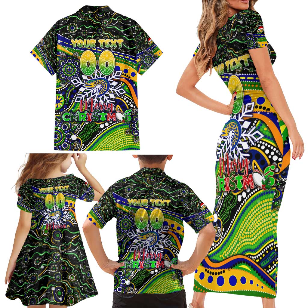 Merry Christmas Eels Family Matching Short Sleeve Bodycon Dress and Hawaiian Shirt Aboriginal Santa Rugby Mascot - Parramatta