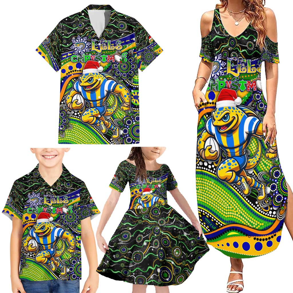 Merry Christmas Eels Family Matching Summer Maxi Dress and Hawaiian Shirt Aboriginal Santa Rugby Mascot - Parramatta