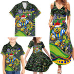 Merry Christmas Eels Family Matching Summer Maxi Dress and Hawaiian Shirt Aboriginal Santa Rugby Mascot - Parramatta