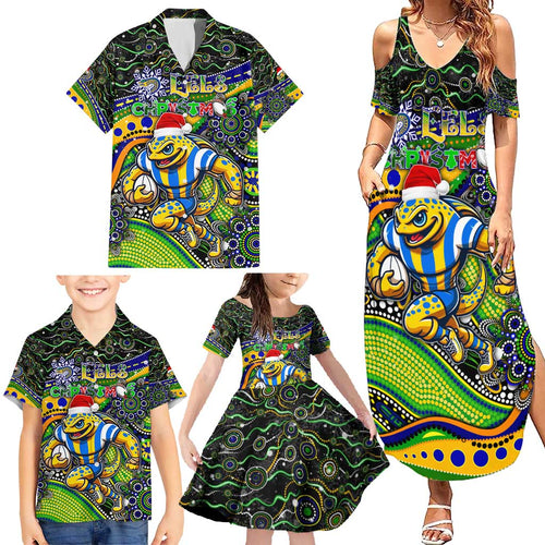 Merry Christmas Eels Family Matching Summer Maxi Dress and Hawaiian Shirt Aboriginal Santa Rugby Mascot - Parramatta
