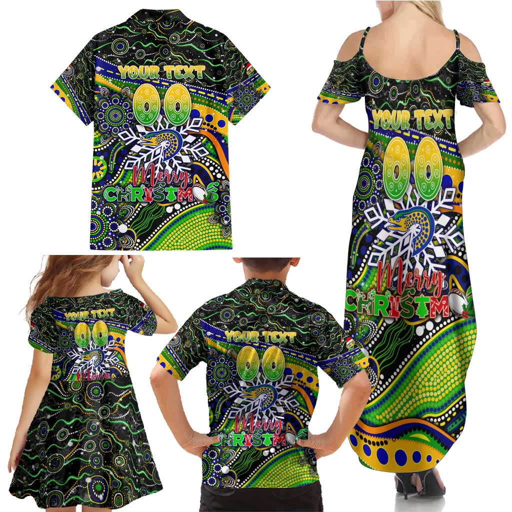 Merry Christmas Eels Family Matching Summer Maxi Dress and Hawaiian Shirt Aboriginal Santa Rugby Mascot - Parramatta