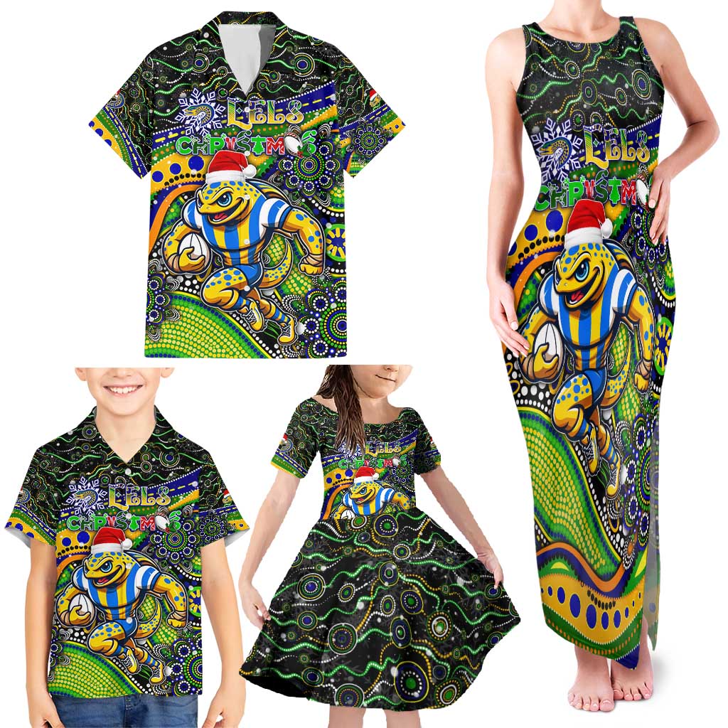 Merry Christmas Eels Family Matching Tank Maxi Dress and Hawaiian Shirt Aboriginal Santa Rugby Mascot - Parramatta