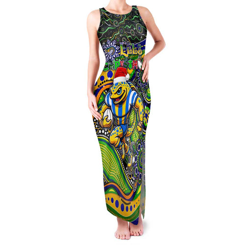 Merry Christmas Eels Family Matching Tank Maxi Dress and Hawaiian Shirt Aboriginal Santa Rugby Mascot - Parramatta