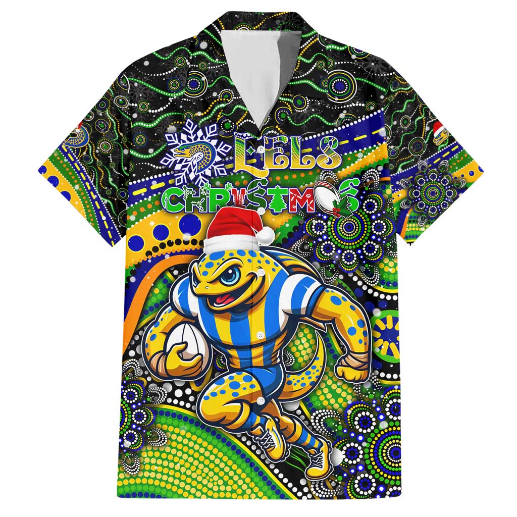 Merry Christmas Eels Hawaiian Shirt Aboriginal Santa Rugby Mascot - Parramatta