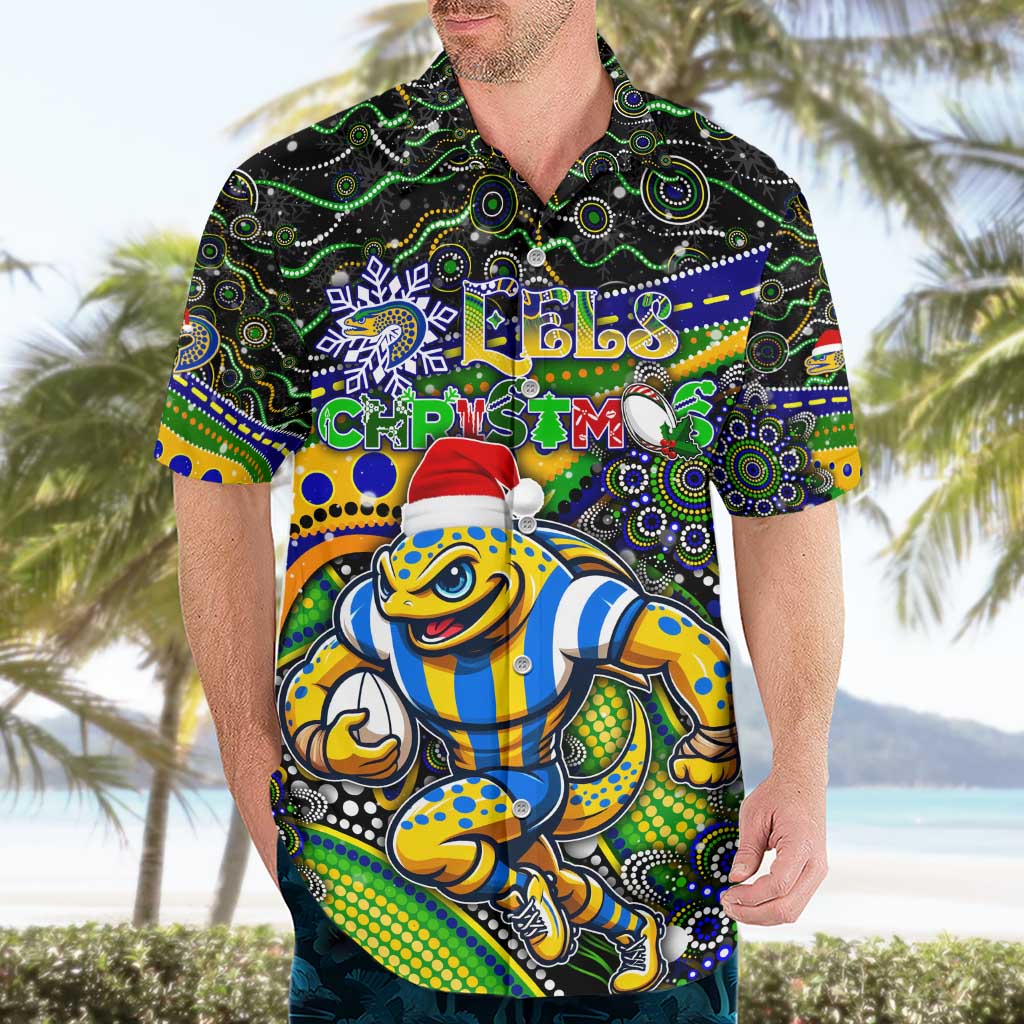Merry Christmas Eels Hawaiian Shirt Aboriginal Santa Rugby Mascot - Parramatta