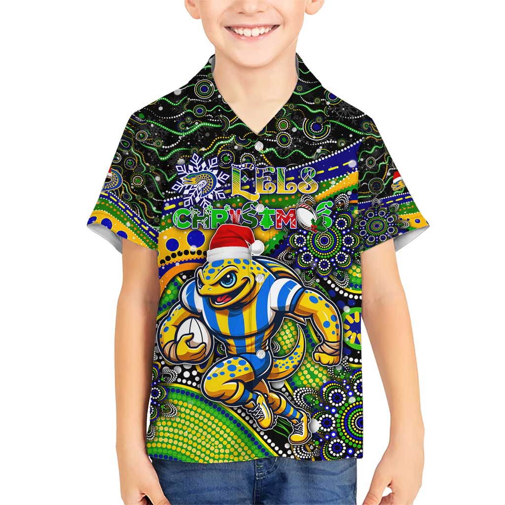 Merry Christmas Eels Hawaiian Shirt Aboriginal Santa Rugby Mascot - Parramatta
