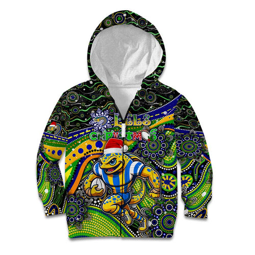 Merry Christmas Eels Kid Hoodie Aboriginal Santa Rugby Mascot - Parramatta