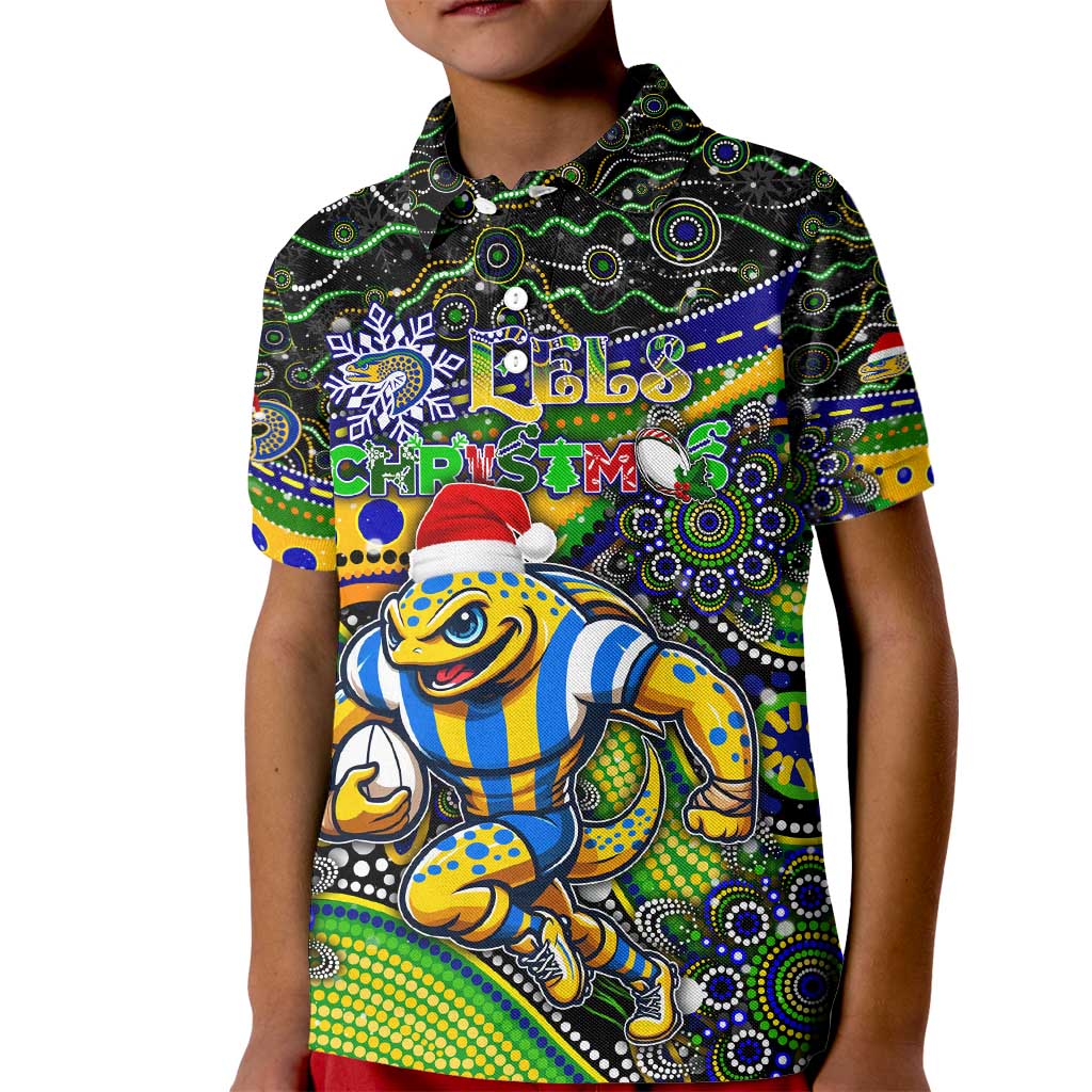 Merry Christmas Eels Kid Polo Shirt Aboriginal Santa Rugby Mascot - Parramatta