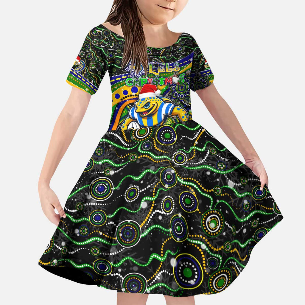 Merry Christmas Eels Kid Short Sleeve Dress Aboriginal Santa Rugby Mascot - Parramatta