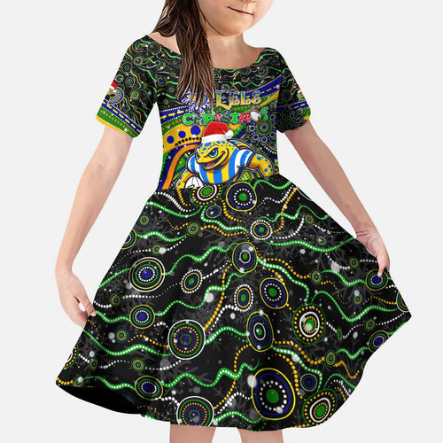 Merry Christmas Eels Kid Short Sleeve Dress Aboriginal Santa Rugby Mascot - Parramatta