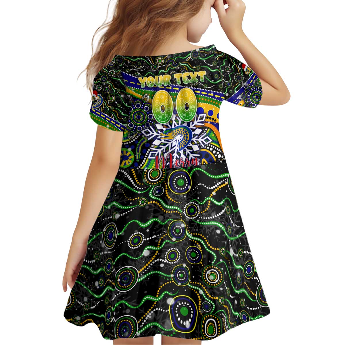 Merry Christmas Eels Kid Short Sleeve Dress Aboriginal Santa Rugby Mascot - Parramatta