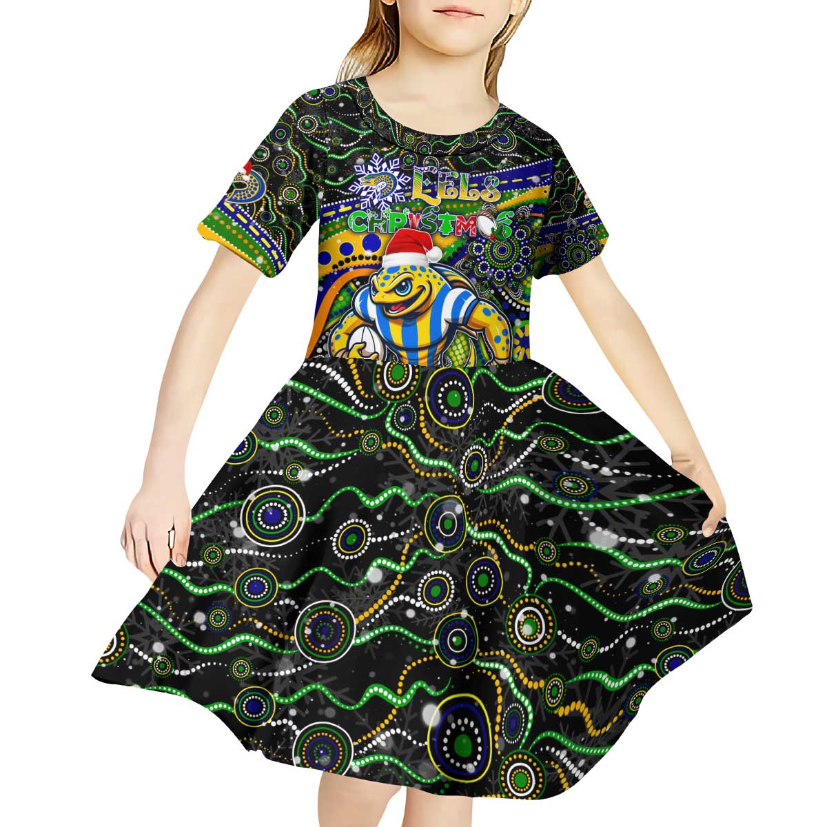 Merry Christmas Eels Kid Short Sleeve Dress Aboriginal Santa Rugby Mascot - Parramatta