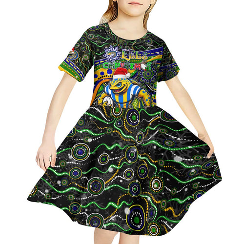 Merry Christmas Eels Kid Short Sleeve Dress Aboriginal Santa Rugby Mascot - Parramatta