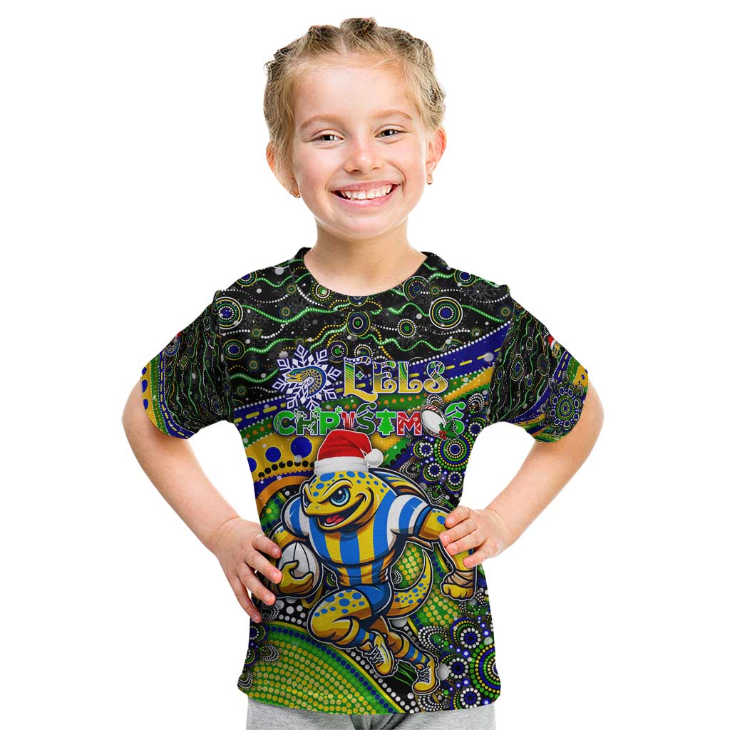 Merry Christmas Eels Kid T Shirt Aboriginal Santa Rugby Mascot - Parramatta