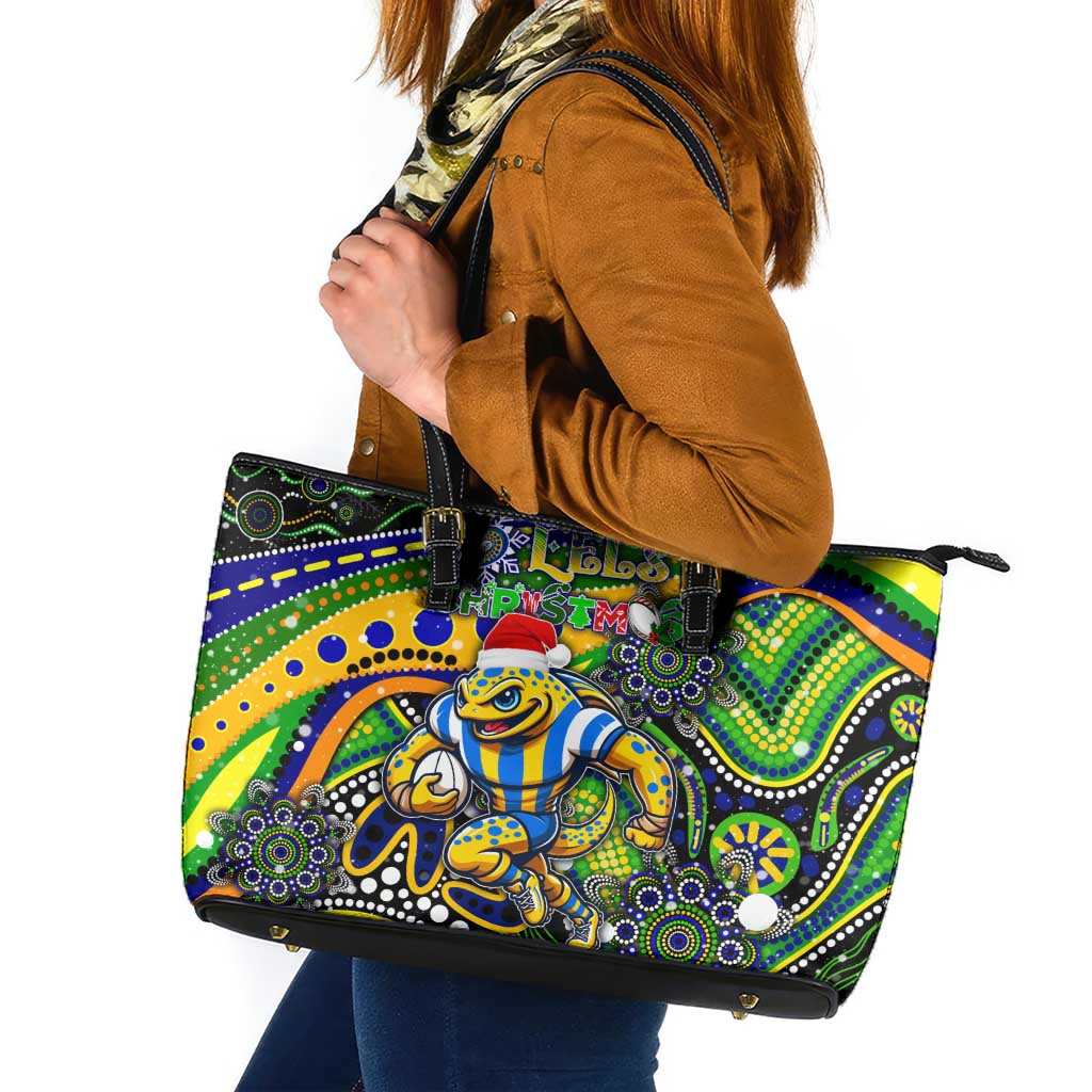 Merry Christmas Eels Leather Tote Bag Aboriginal Santa Rugby Mascot - Parramatta