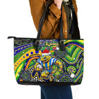 Merry Christmas Eels Leather Tote Bag Aboriginal Santa Rugby Mascot - Parramatta