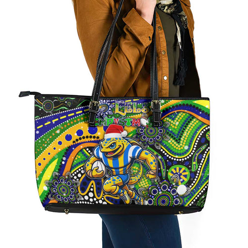 Merry Christmas Eels Leather Tote Bag Aboriginal Santa Rugby Mascot - Parramatta