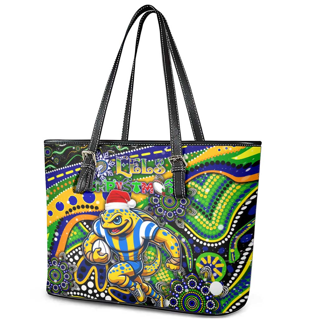 Merry Christmas Eels Leather Tote Bag Aboriginal Santa Rugby Mascot - Parramatta