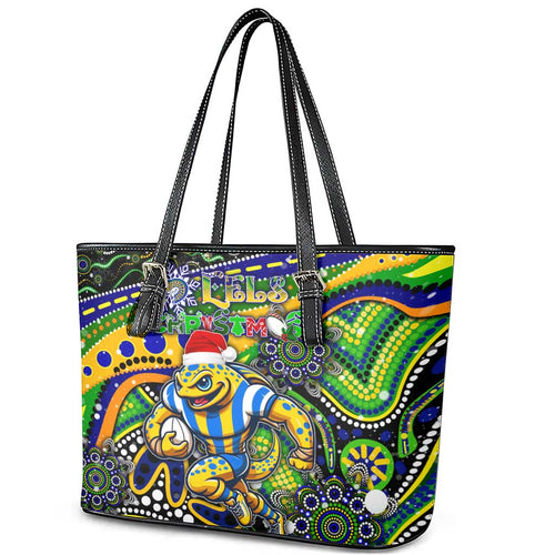 Merry Christmas Eels Leather Tote Bag Aboriginal Santa Rugby Mascot - Parramatta