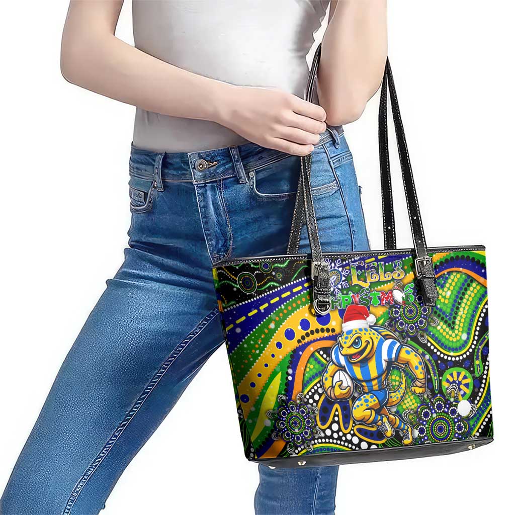 Merry Christmas Eels Leather Tote Bag Aboriginal Santa Rugby Mascot - Parramatta