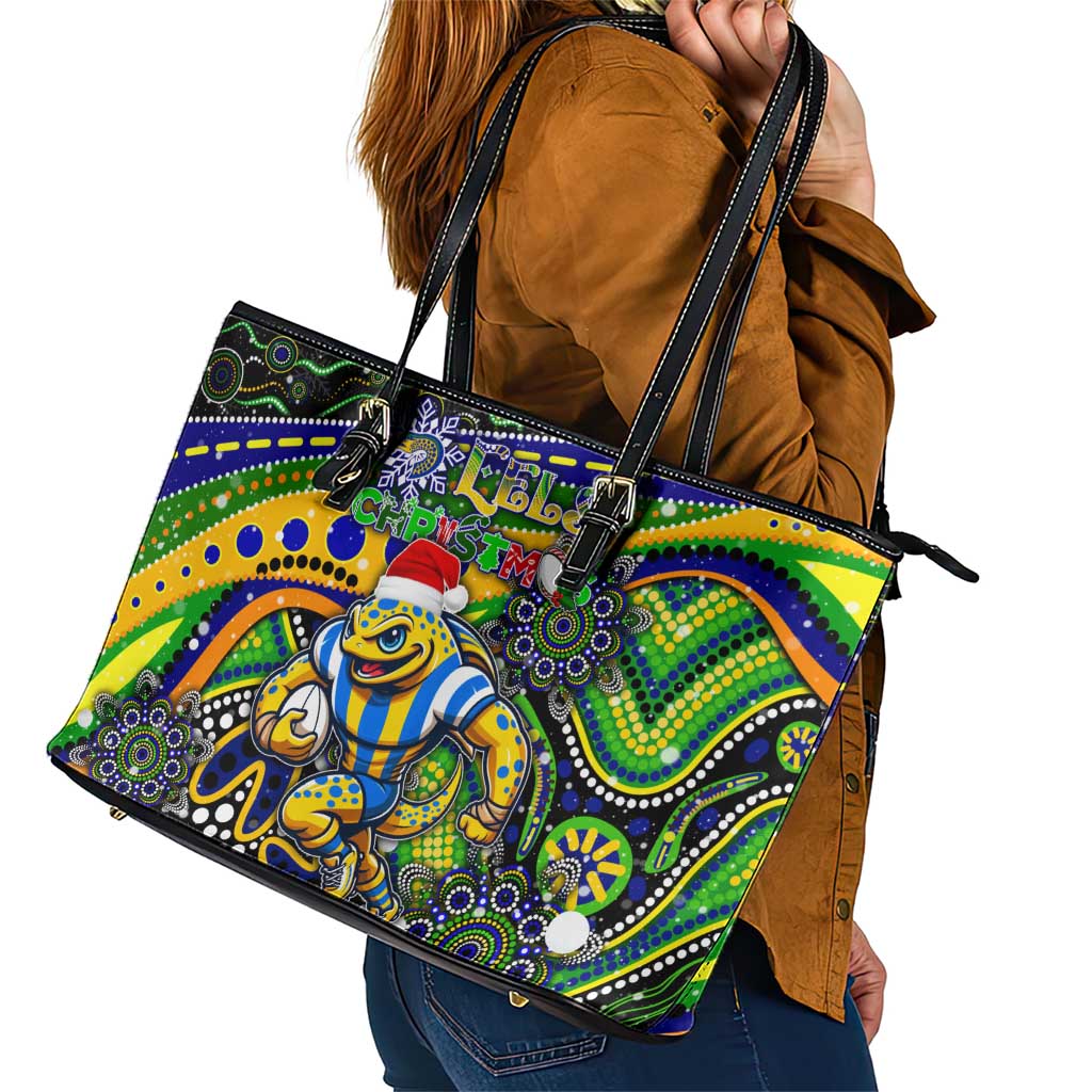 Merry Christmas Eels Leather Tote Bag Aboriginal Santa Rugby Mascot - Parramatta