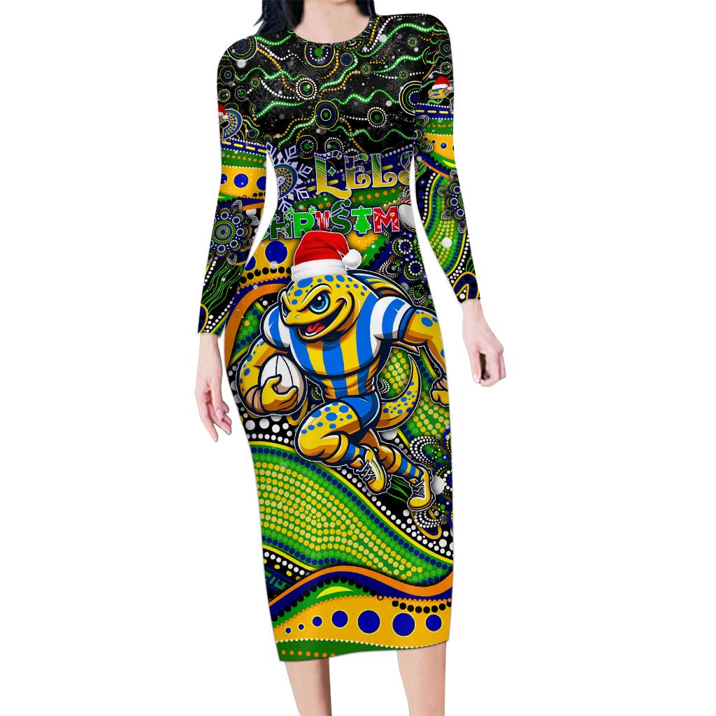 Merry Christmas Eels Long Sleeve Bodycon Dress Aboriginal Santa Rugby Mascot - Parramatta