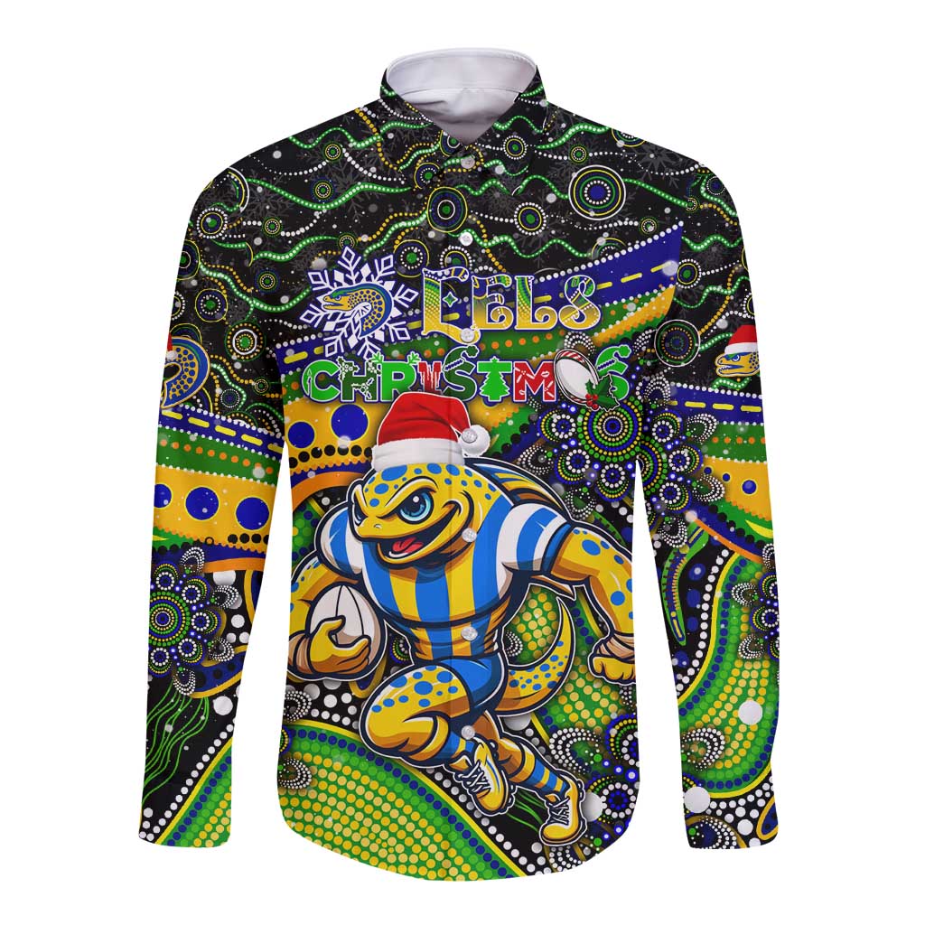 Merry Christmas Eels Long Sleeve Button Shirt Aboriginal Santa Rugby Mascot - Parramatta