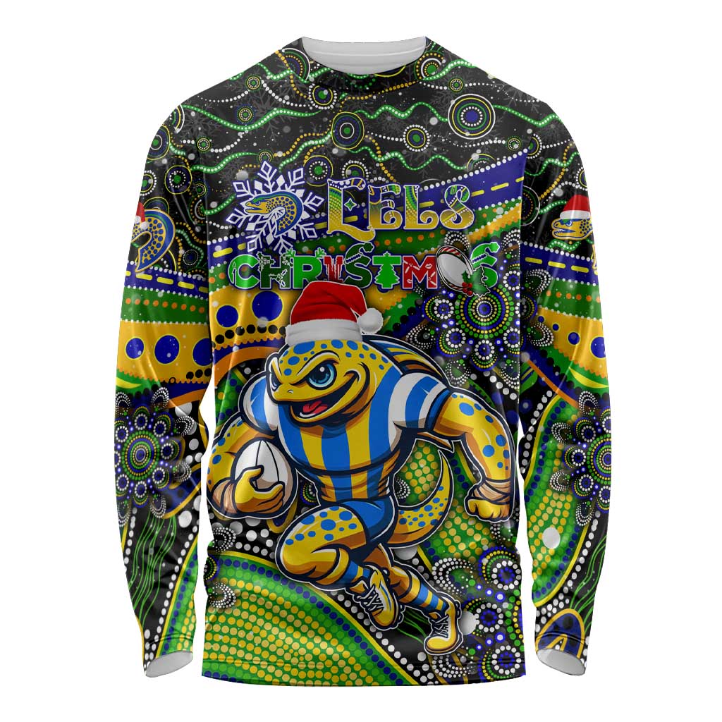 Merry Christmas Eels Long Sleeve Shirt Aboriginal Santa Rugby Mascot - Parramatta