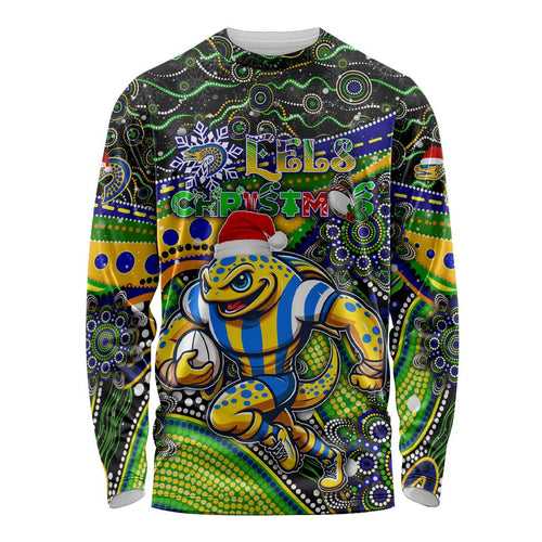 Merry Christmas Eels Long Sleeve Shirt Aboriginal Santa Rugby Mascot - Parramatta