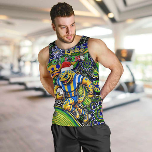 Merry Christmas Eels Men Tank Top Aboriginal Santa Rugby Mascot - Parramatta