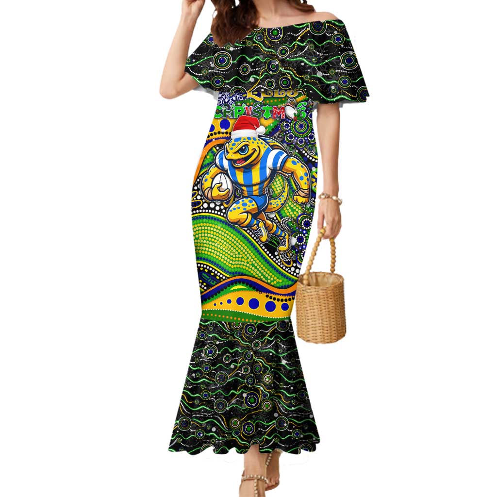 Merry Christmas Eels Mermaid Dress Aboriginal Santa Rugby Mascot - Parramatta
