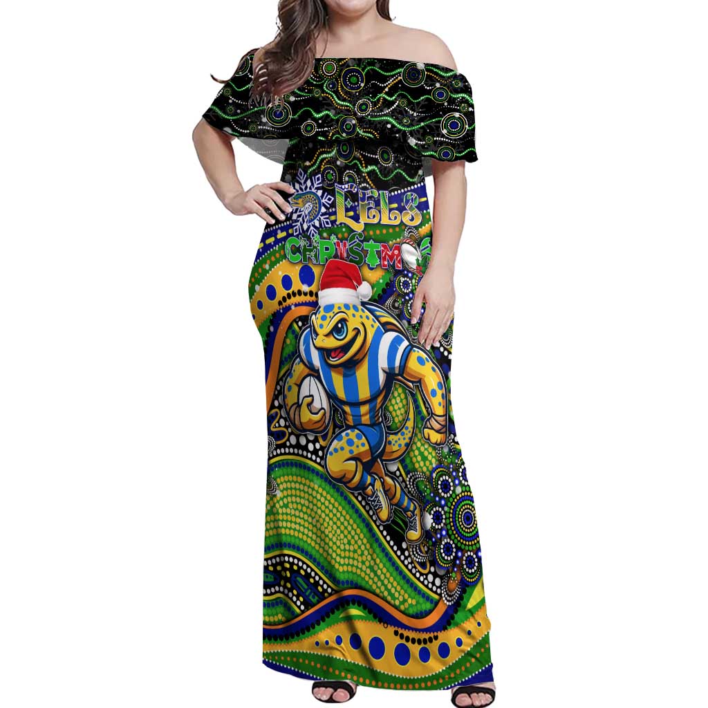 Merry Christmas Eels Off Shoulder Maxi Dress Aboriginal Santa Rugby Mascot - Parramatta