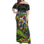 Merry Christmas Eels Off Shoulder Maxi Dress Aboriginal Santa Rugby Mascot - Parramatta