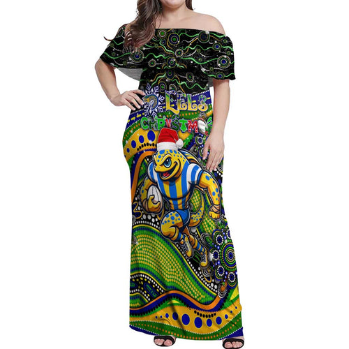Merry Christmas Eels Off Shoulder Maxi Dress Aboriginal Santa Rugby Mascot - Parramatta