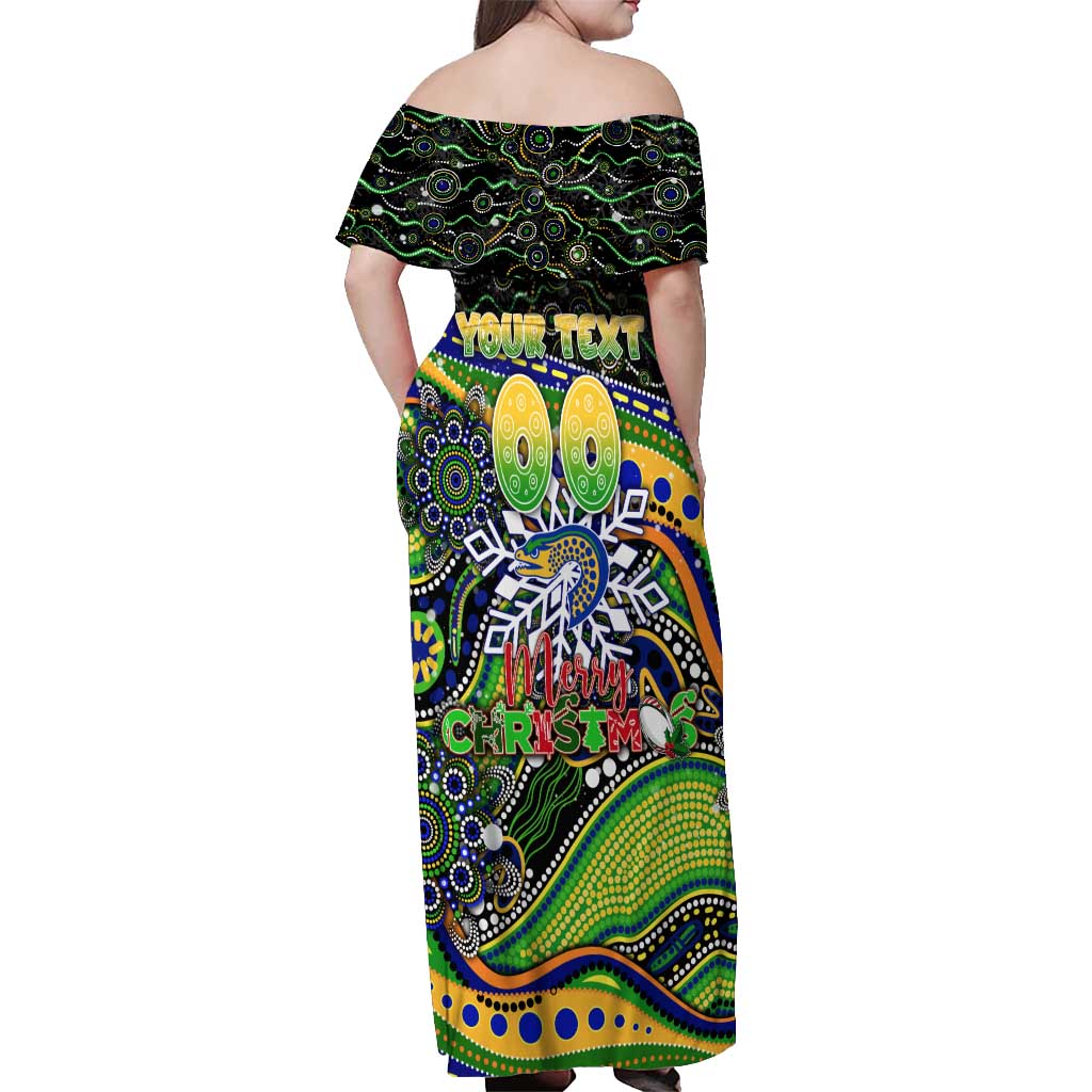 Merry Christmas Eels Off Shoulder Maxi Dress Aboriginal Santa Rugby Mascot - Parramatta